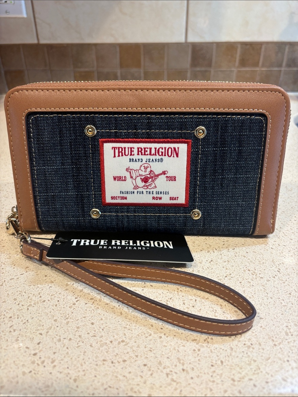 True Religion NWT Dark Denim & Tan Leather Large Wallet/Wristlet MSRP $48